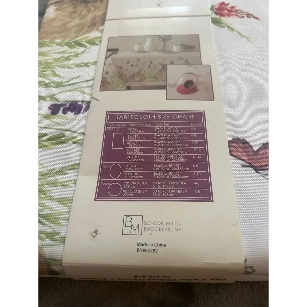 Benson Mills Flowering Bunnies Easy Care Tablecloth Oblong 60in. X 84in. NEW-Sma